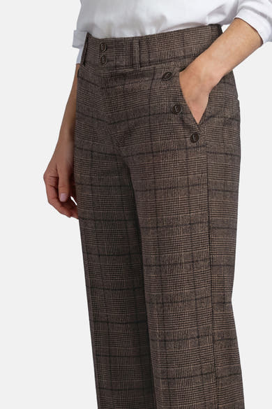 Brown plaid wide-leg suit pants by STREET ONE, featuring front buttons and side pockets, worn with a white shirt, front view.