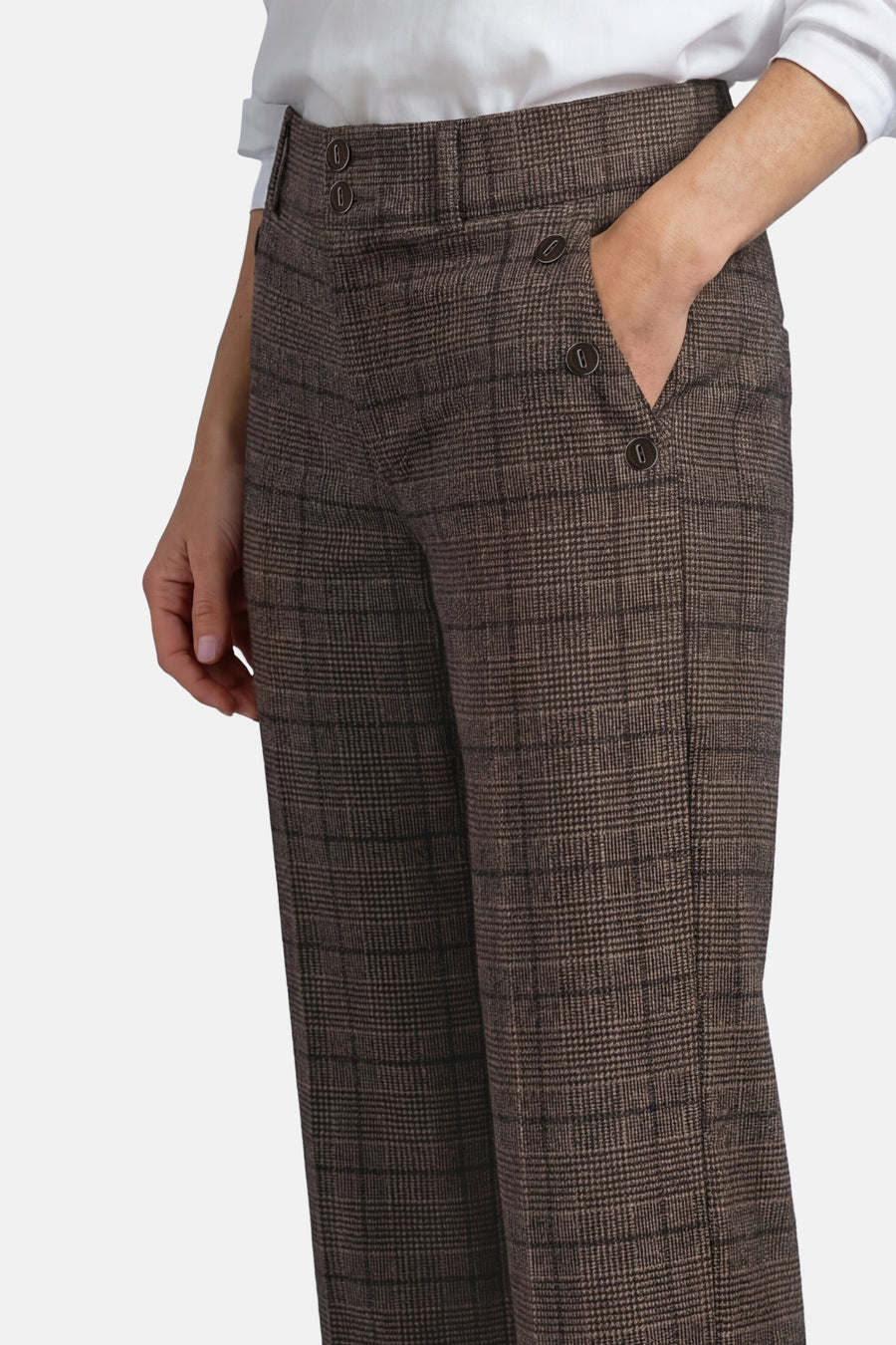 Brown plaid wide-leg suit pants by STREET ONE, featuring front buttons and side pockets, worn with a white shirt, front view.