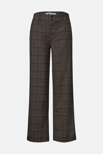 Brown checkered wide-leg suit pants by STREET ONE, front view with buttoned waistband and side pockets