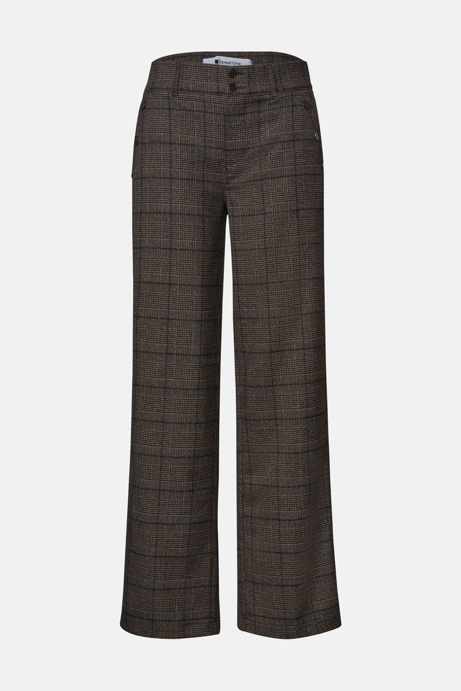 Brown checkered wide-leg suit pants by STREET ONE, front view with buttoned waistband and side pockets