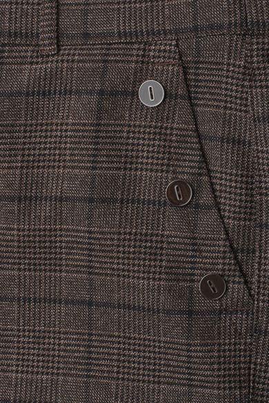 Brown plaid suit trousers by STREET ONE, close-up showing textured fabric and three buttoned front pockets