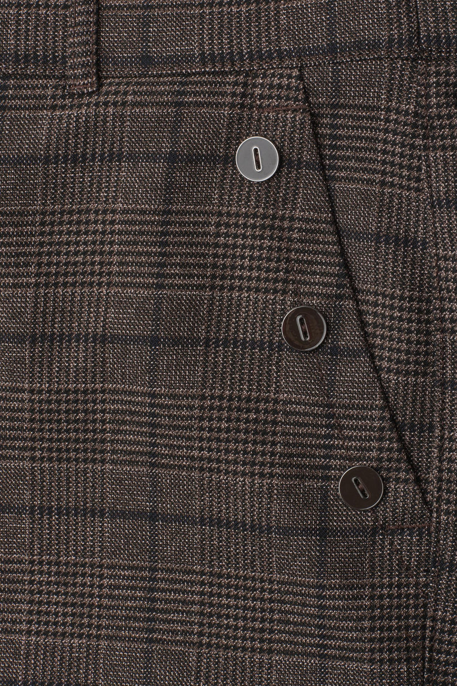 Brown plaid suit trousers by STREET ONE, close-up showing textured fabric and three buttoned front pockets