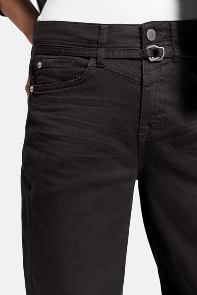 Black five-pocket seasonal women's pants by STREET ONE, featuring slim fit, textured denim, silver hardware, and front view detail