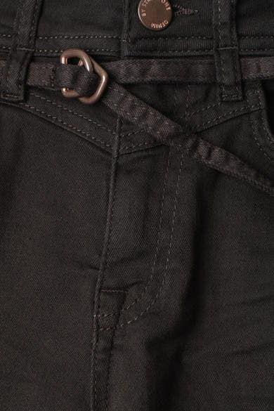 Dark brown denim 5-pocket women's seasonal pants by STREET ONE, featuring belt loop detail and metallic button closure, close-up front view