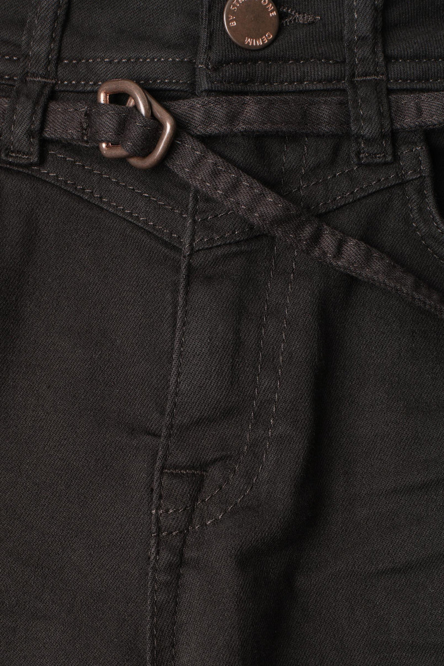 Dark brown denim 5-pocket women's seasonal pants by STREET ONE, featuring belt loop detail and metallic button closure, close-up front view