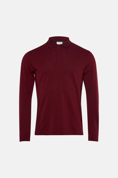 Bordeaux long-sleeve polo shirt by SUN68, featuring ribbed collar with navy trim and small embroidered logo on chest, front view.