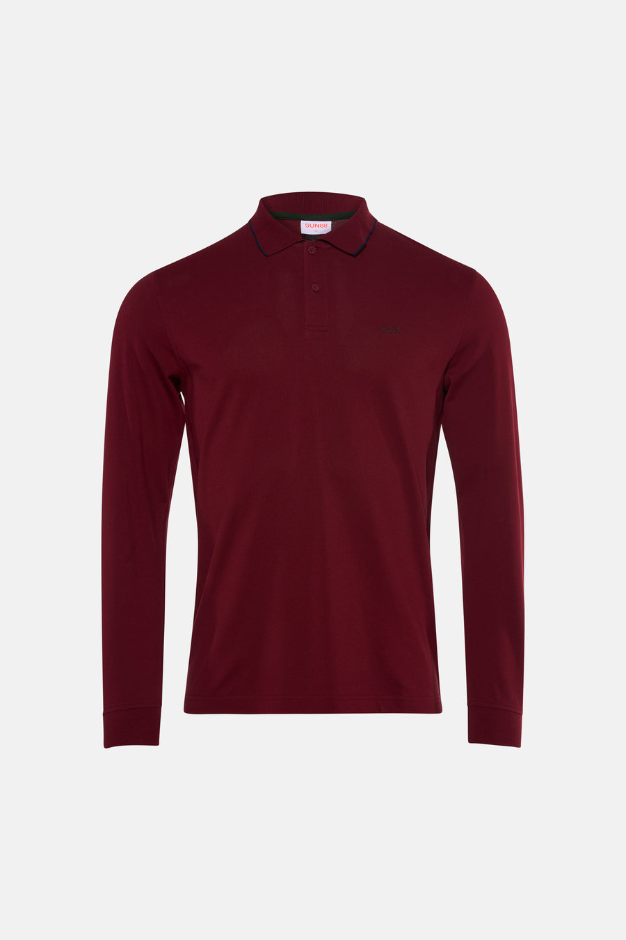 Bordeaux long-sleeve polo shirt by SUN68, featuring ribbed collar with navy trim and small embroidered logo on chest, front view.