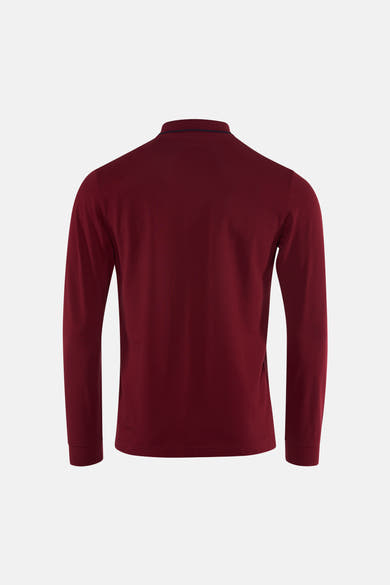 Bordeaux long-sleeve polo with ribbed collar and cuffs, back view, solid pique knit texture
