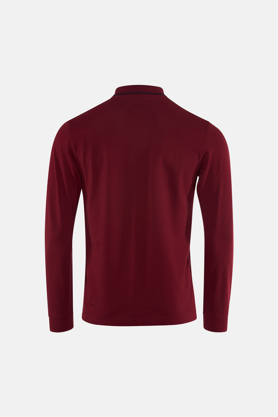 Bordeaux long-sleeve polo with ribbed collar and cuffs, back view, solid pique knit texture