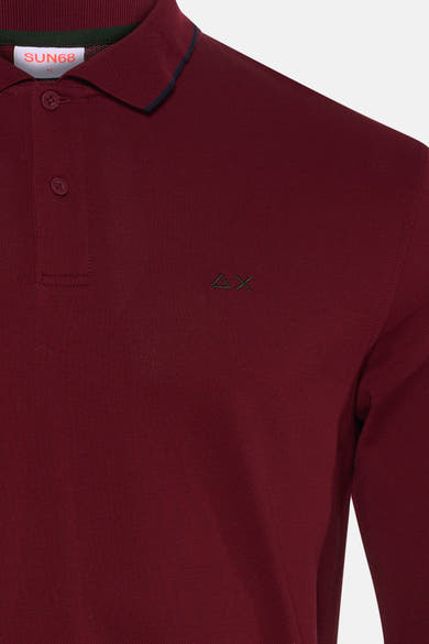 Bordeaux long-sleeve polo by SUN68 with ribbed collar, dark green trim, and small embroidered logo on chest, close-up front view