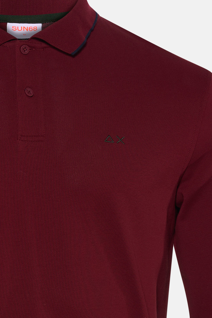 Bordeaux long-sleeve polo by SUN68 with ribbed collar, dark green trim, and small embroidered logo on chest, close-up front view