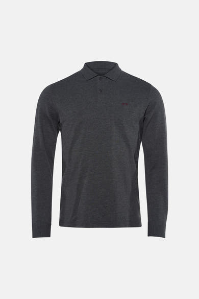 Grey long-sleeve polo shirt by Armani Exchange with small red logo on chest, front view, textured knit fabric