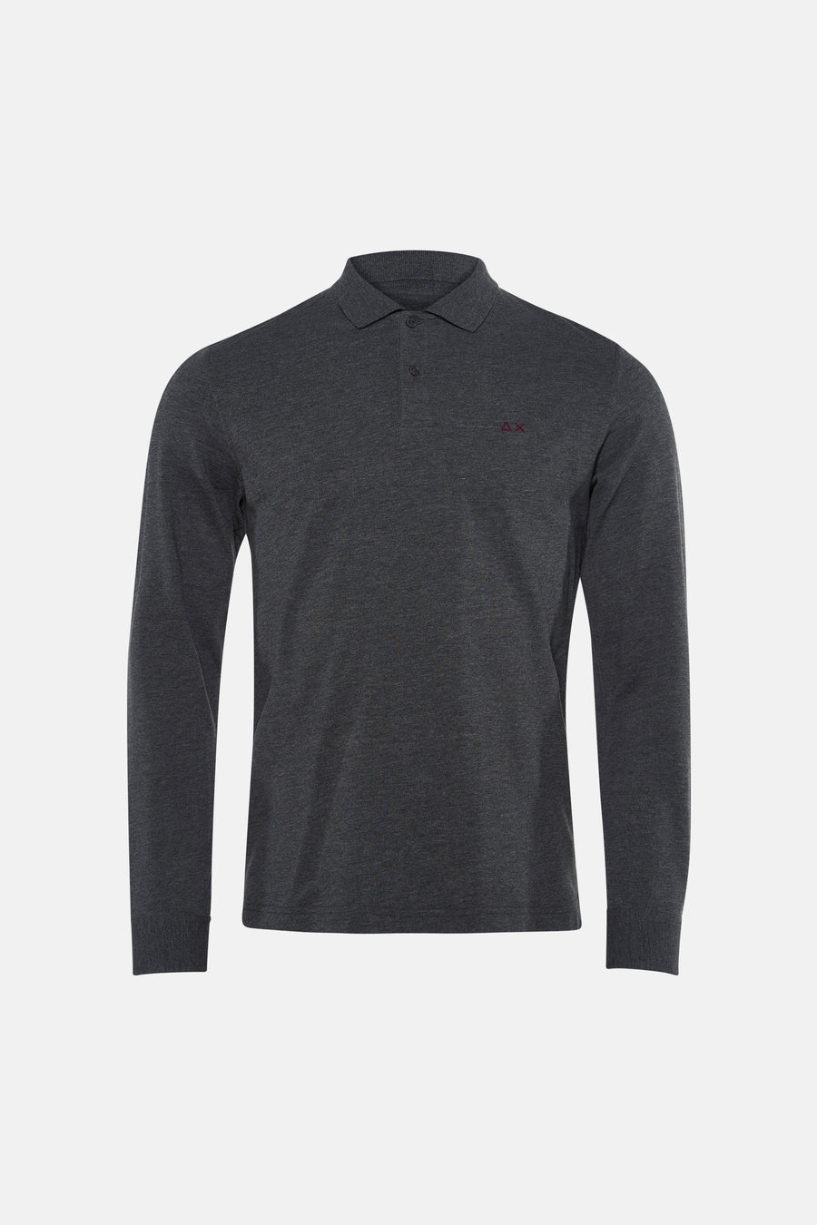 Grey long-sleeve polo shirt by Armani Exchange with small red logo on chest, front view, textured knit fabric