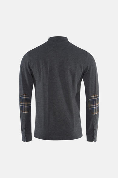 Grey long-sleeve polo with plaid elbow patches, back view, heathered texture