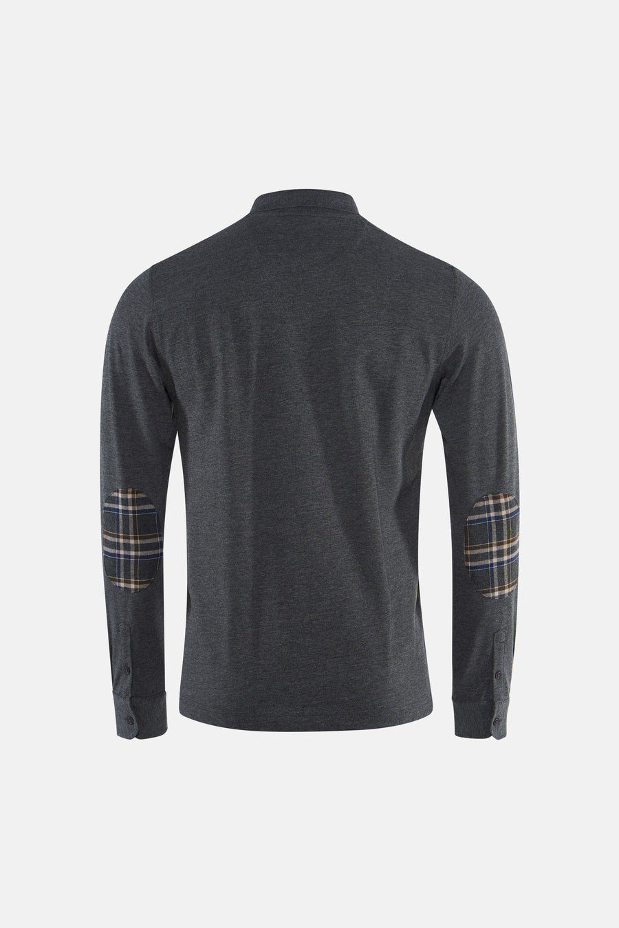 Grey long-sleeve polo with plaid elbow patches, back view, heathered texture