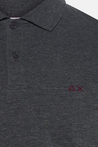 Grey long-sleeve polo with textured knit fabric and red embroidered logo on chest, close-up front view