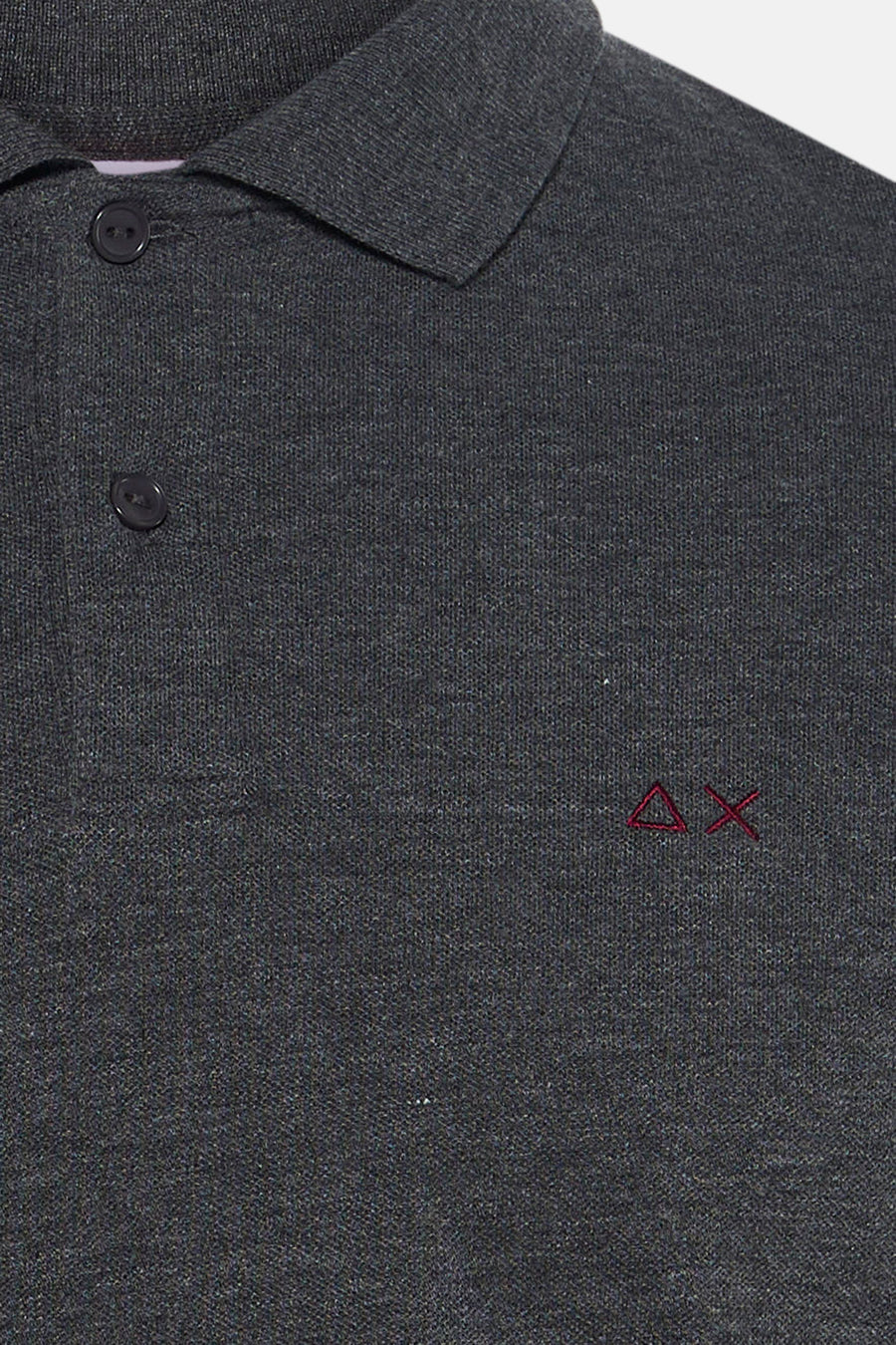 Grey long-sleeve polo with textured knit fabric and red embroidered logo on chest, close-up front view