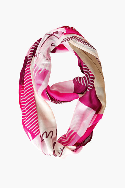 Rose-colored foulard with striped and geometric patterns, lightweight sheer fabric, looped display on white background