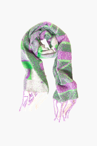 Mauve stoffen sjaal van Street One, met groene en witte ruiten en bijpassende franjes.