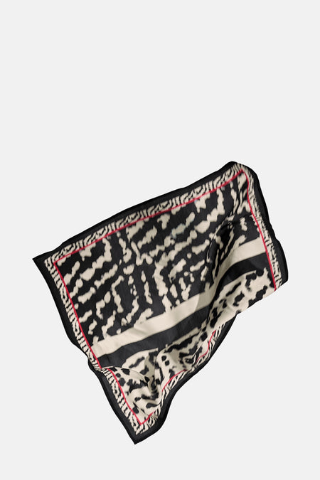 Foulard noir de STREET ONE, avec motif abstrait, bordure rouge et noire, en tissu léger et aérien.