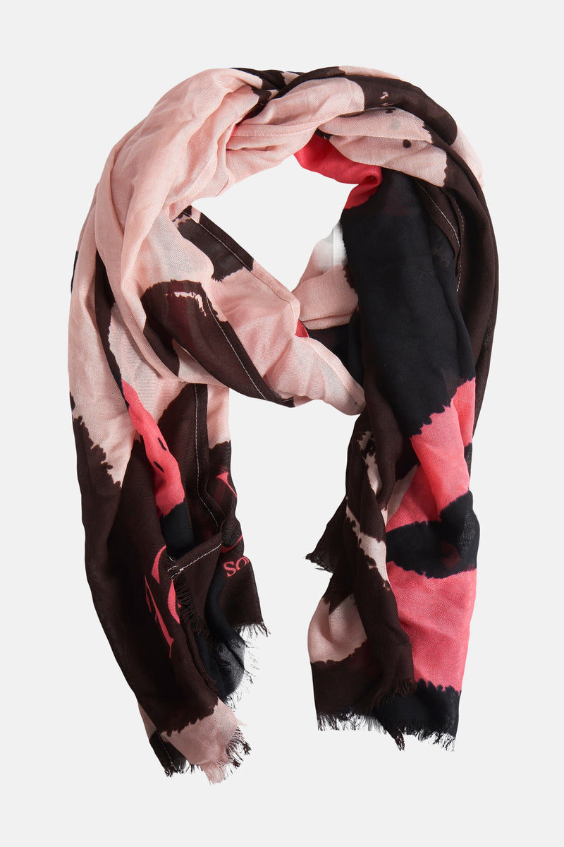 Foulard multicolore de Street One avec un motif abstrait, franges décoratives et couleurs rose, rouge et marron.