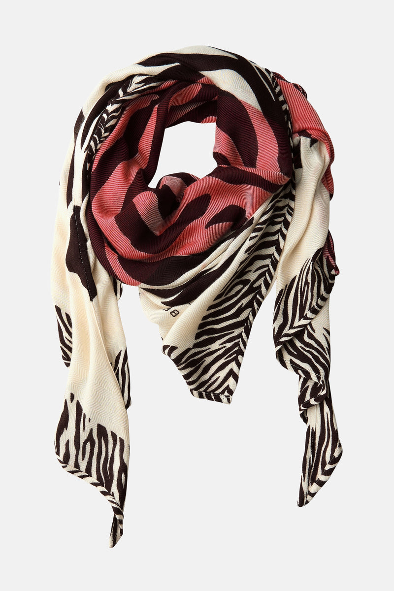 Multikleuren sjaal van STREET ONE met zebraprint en bordeauxrode strepen.
