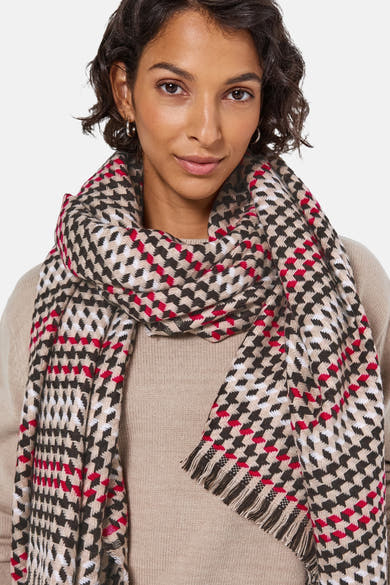 Multikleurige sjaal van STREET ONE, met rood, beige en zwart pied-de-poule patroon, met franjes.