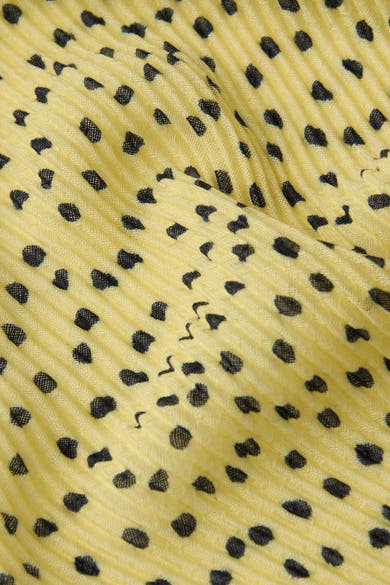 Gele sjaal met zwarte stippen van Street One, geplooid textuurpatroon, gedrapeerde val.