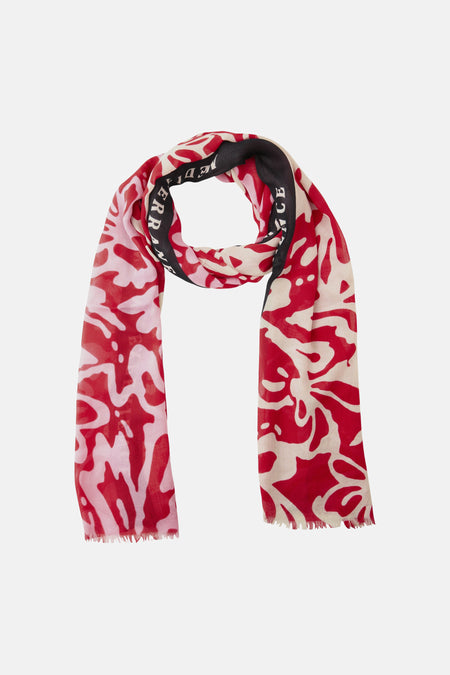 Foulard multicolore de Street One avec un motif abstrait rouge et blanc, ourlet noir avec logo.