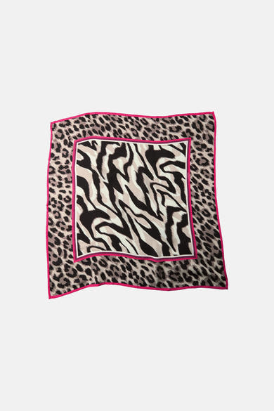 Multikleuren sjaal van STREET ONE met een zwart, wit en grijs dierenprint en een fuchsia en paarse band.