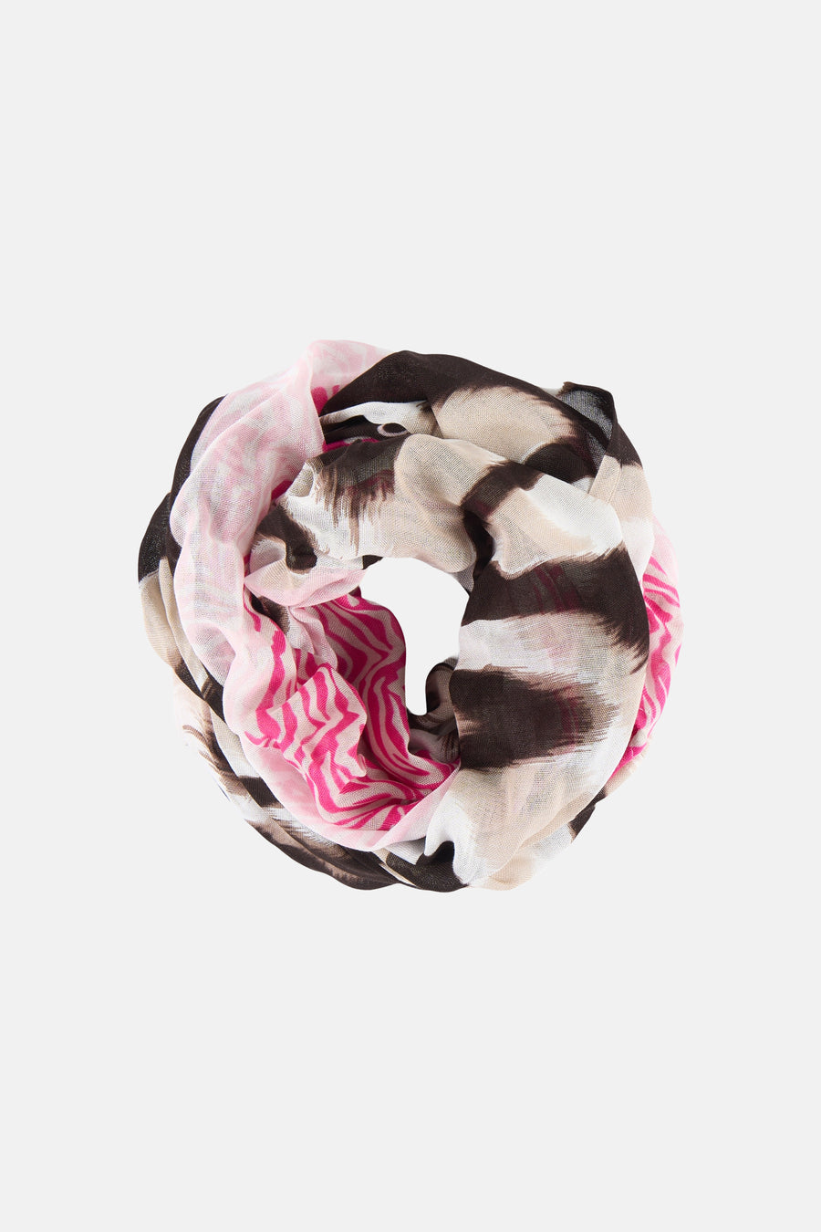 Multikleuren sjaal van STREET ONE met roze en bruine zebraprint, opgerold.