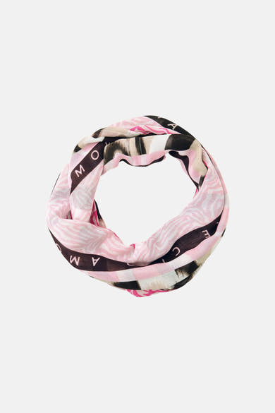 Foulard multicolore rose, noir et blanc de STREET ONE avec imprimé zèbre et lettres, présenté torsadé.
