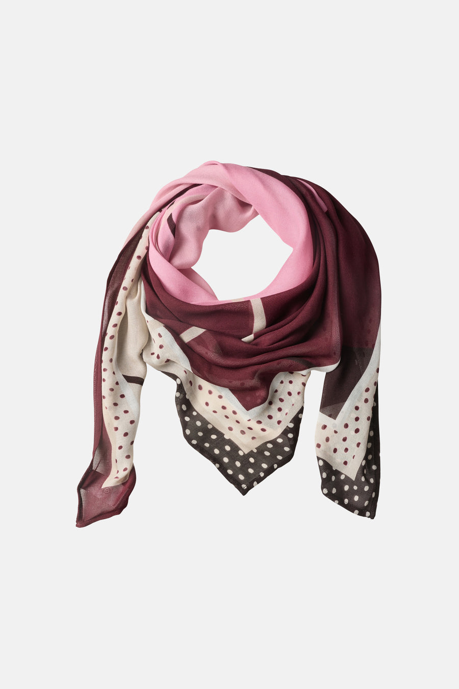 Multicolored foulard with pink, burgundy, and cream sections featuring polka dot patterns and soft sheer texture, displayed in a draped loop against white background