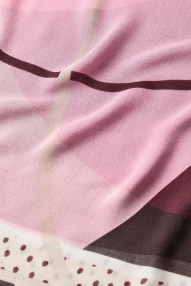 Multicolored foulard with pink base, dark wavy stripes, and polka dot border, soft sheer fabric, close-up view