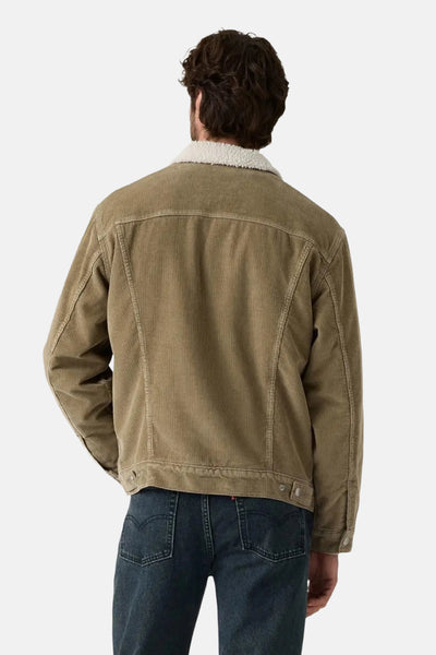Veste courte beige en velours côtelé de Levi's, avec col en fausse fourrure, vue de dos, portée sur un jean foncé.
