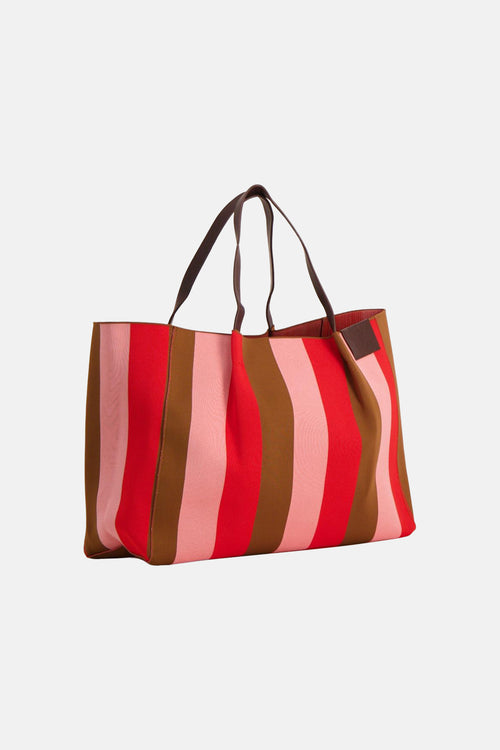 Sac à bandoulière multicolore de STREET ONE, à rayures verticales rouges, roses et marron avec des anses brunes.