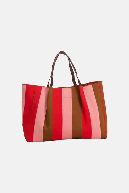 Sac à bandoulière multicolore de STREET ONE, à rayures verticales rouges, roses et marron, avec des poignées marron foncé.
