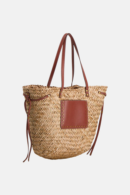 Sac à bandoulière beige en paille tressée de STREET ONE, avec poignées marron et poche à clous dorés.