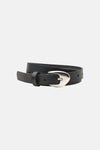 Black textured leather belt with silver-toned buckle by STREET ONE, coiled on white background