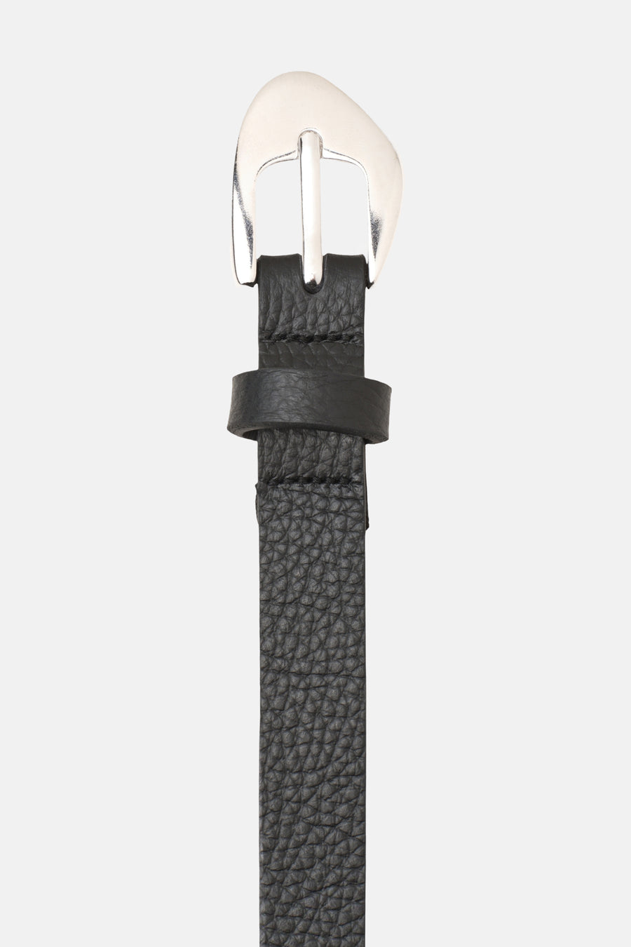 Black textured leather belt with silver-toned buckle by STREET ONE, close-up front view