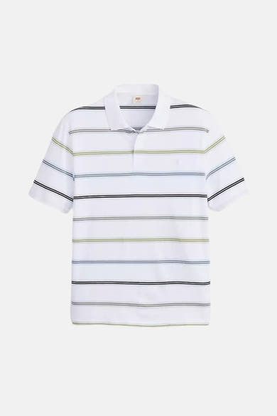 Wit poloshirt met strepen van Levi's®, met zwarte, blauwe en groene gestreepte details.