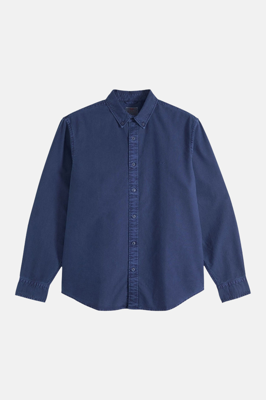 Blue long-sleeve shirt with button-down front and classic collar, featuring subtle stitching details and a relaxed fit, shown in front view.