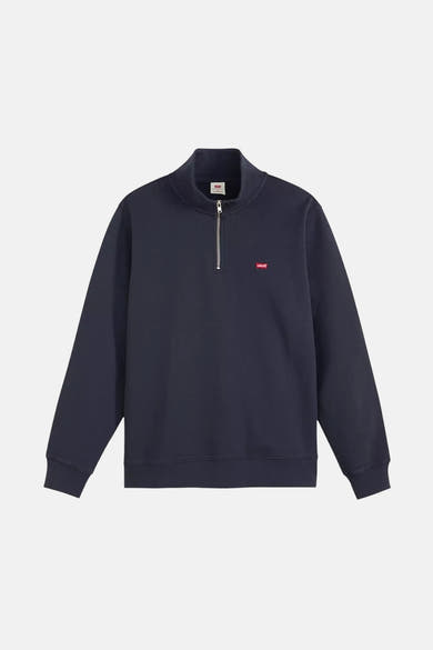 Marineblauwe sweater van Levi's, met ritssluiting en rood logo op de borst.