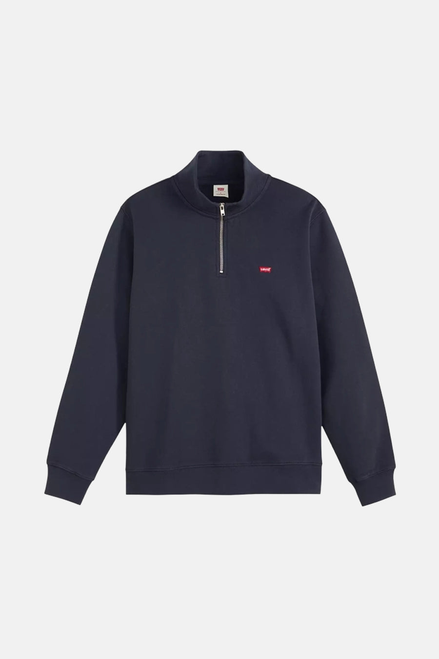 Marineblauwe sweater van Levi's, met ritssluiting en rood logo op de borst.