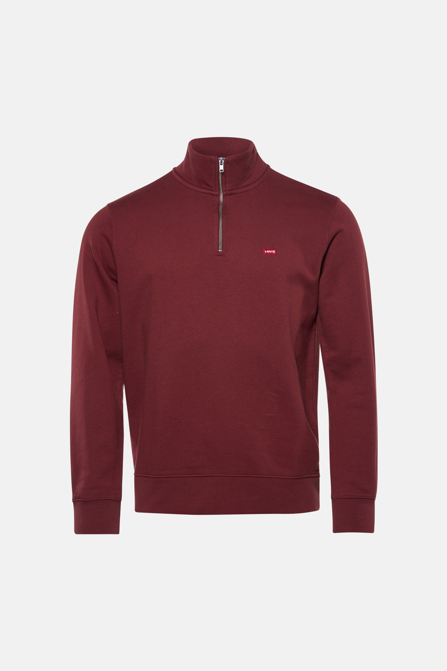 Sweat-shirt bordeaux de Levi's avec fermeture éclair au col montant et logo rouge sur la poitrine.