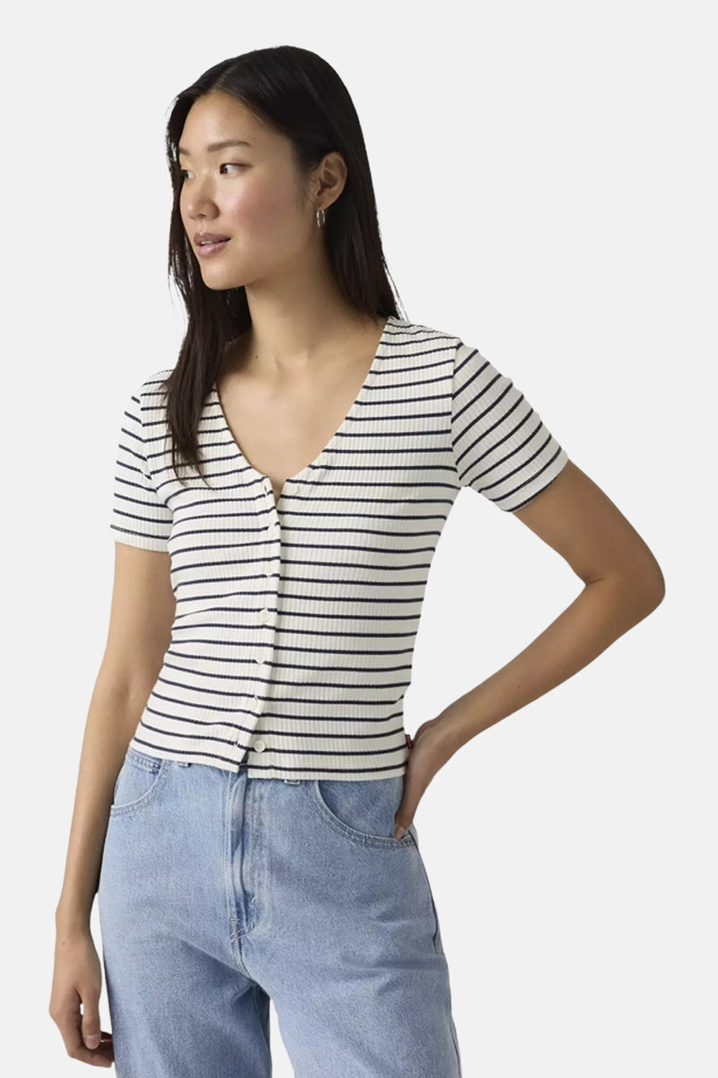 Multikleuren gestreept T-shirt van Levi's, met korte mouwen en een rij knopen aan de voorkant.