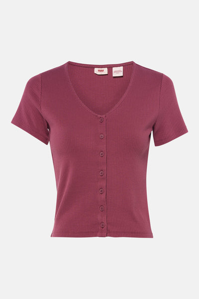 T-shirt bordeaux à manches courtes de Levi's, en maille côtelée avec une rangée de boutons.