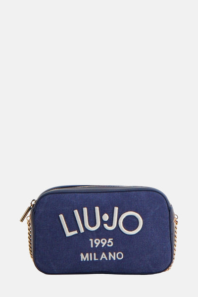 Sac bandoulière bleu de LIU JO, avec chaîne dorée et logo blanc "LIU•JO 1995 MILANO".
