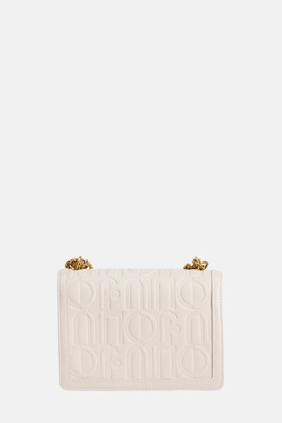 Sac à bandoulière écru de Liu Jo, avec motif de logo en relief et bandoulière chaîne dorée.
