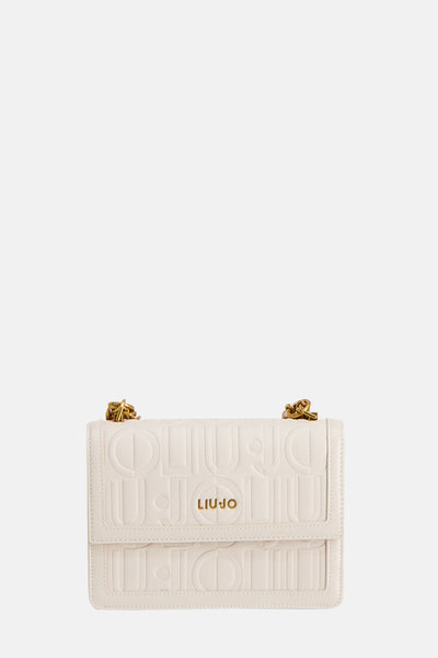 Sac à bandoulière écru de LIU JO avec motif du logo en relief et chaîne dorée.